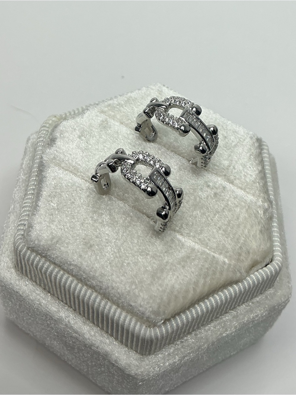 Baguette Cut CZ Pave Huggies Chain Link Hoop Earrings  Silver Tone C Hoop